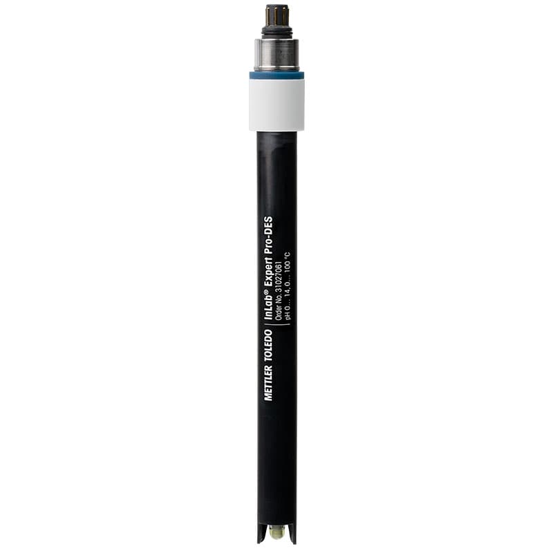 Close-up of METTLER TOLEDO InLab Expert Pro-IDS pH electrode showing connector and glass sensing tip on white background.