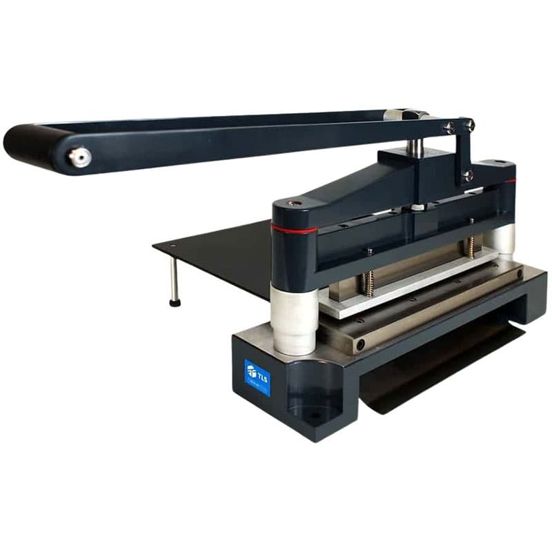 Back view of manual punch die press showing lever linkage and base structure.