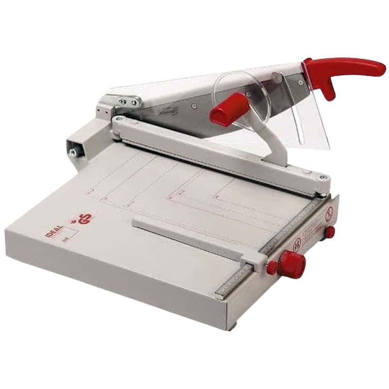 Angled view of Ideal 1038 cutter showing cutting arm, safety guard, and guide rail.
