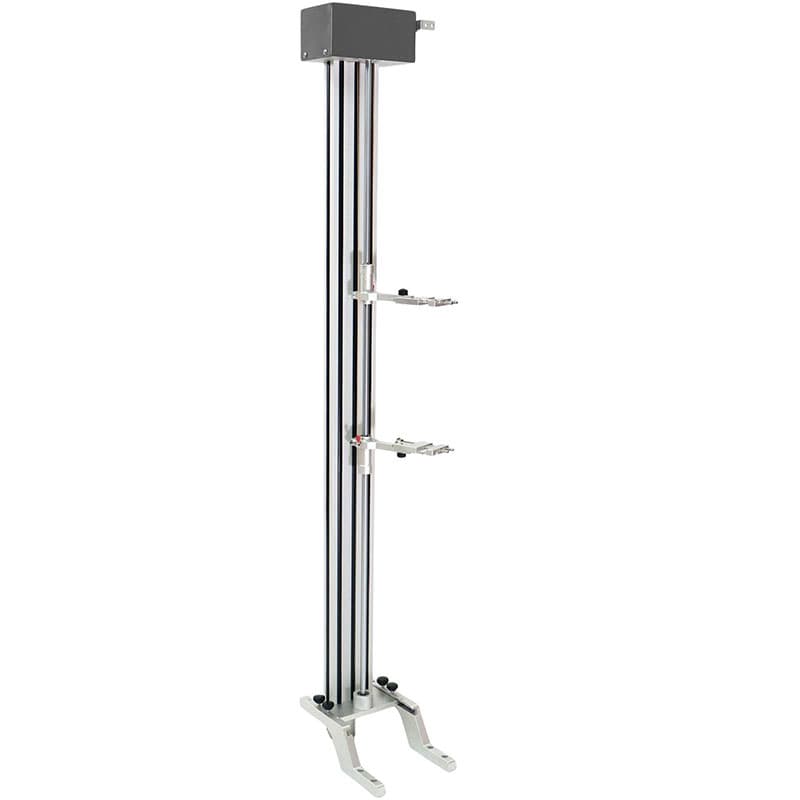 Full view of a Barrus ElastExt Contact Extensometer featuring a tall vertical frame, two adjustable measuring arms with contact probes, and a freestanding metal base.