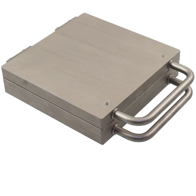 Closed THS1390 mould block with dual tubular handles on one side, shown in brushed metal finish.