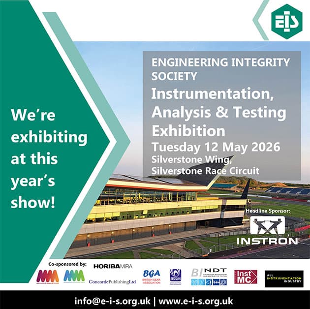 Engineering Integrity Society banner inviting visitors to “Visit Our Stand” at the Instrumentation, Analysis & Testing Exhibition on 12 May 2026 at Silverstone Wing, Silverstone Race Circuit, with sponsor and partner logos.
