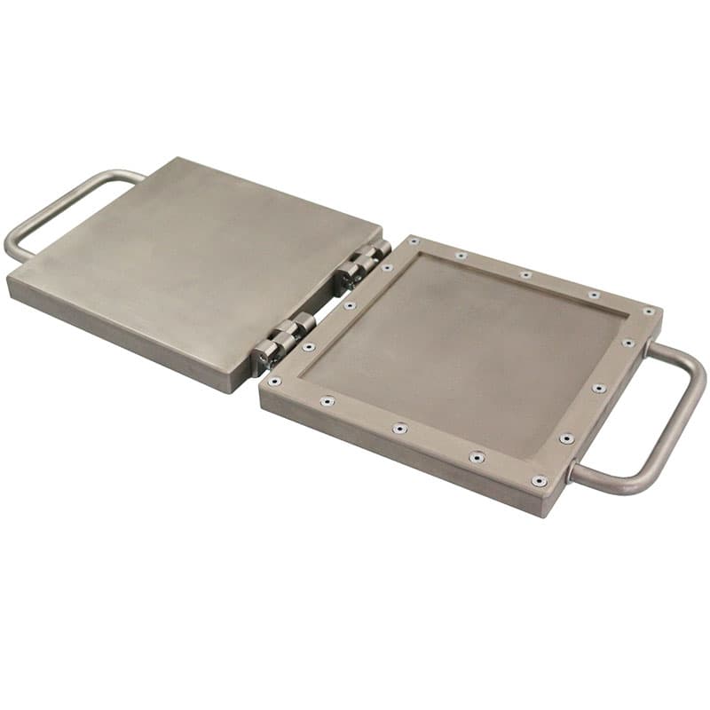 Open THS1390 mould with square cavity plate, hinged lid, and dual side handles.