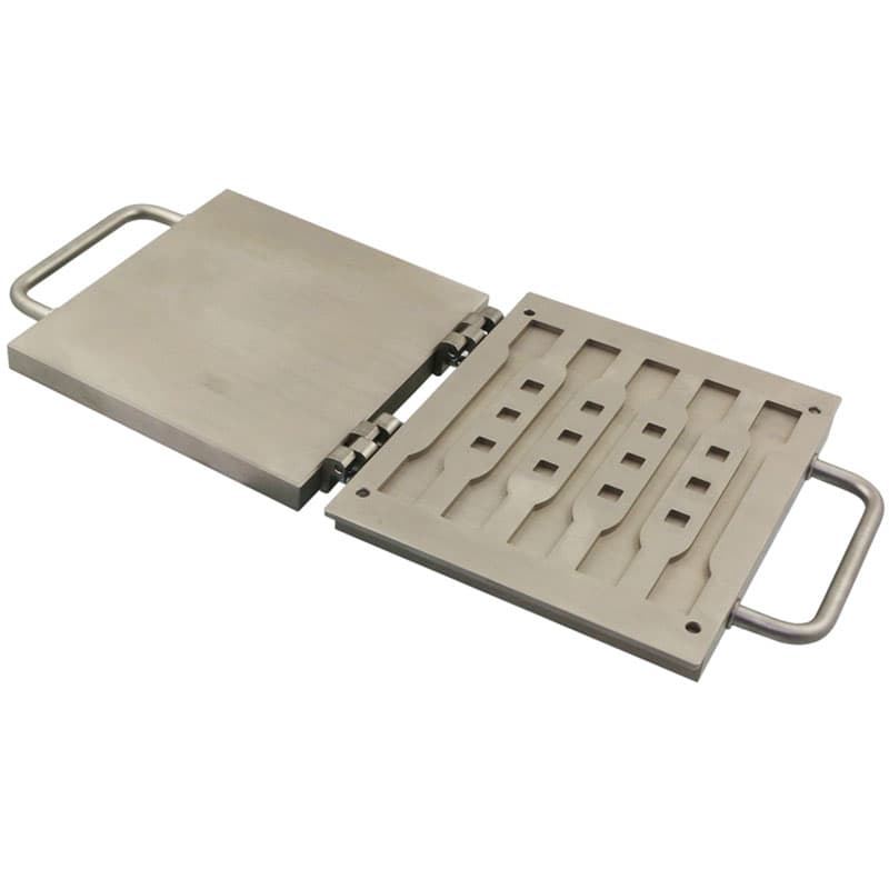 THS1390 mould with multiple dog-bone shaped specimen cavities for material testing.