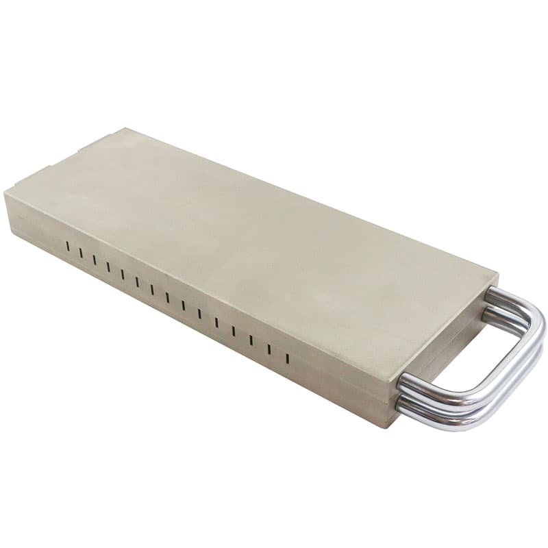 Closed rectangular THS1390 mould in extended form with ventilation slots and dual handles.