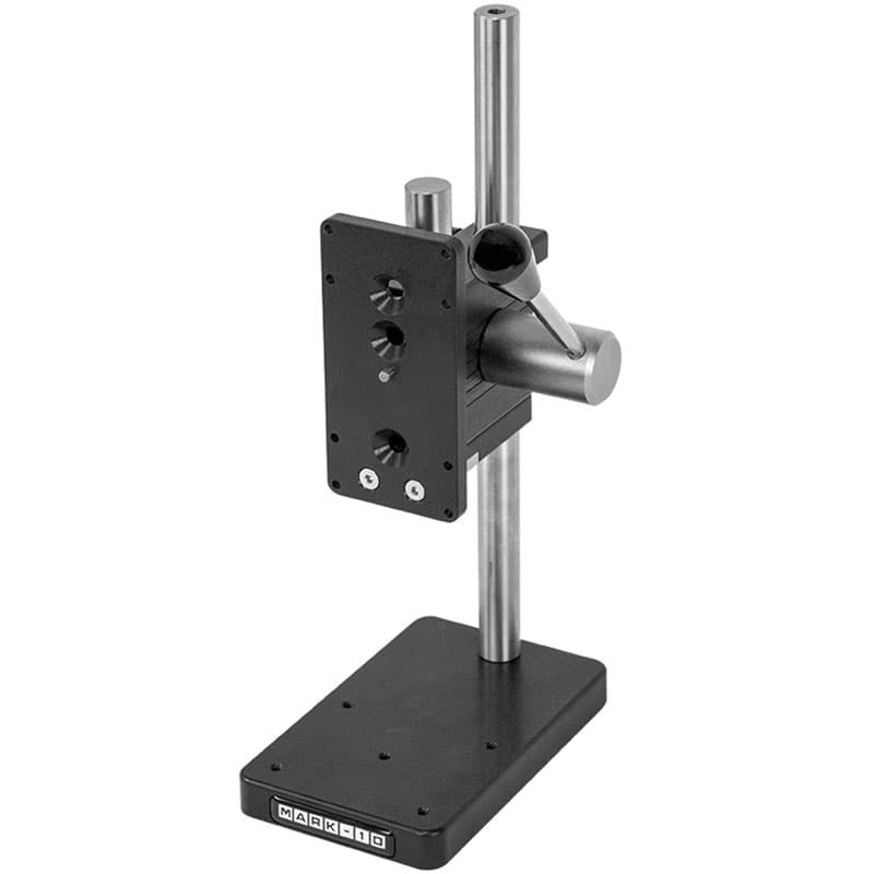 Mark-10 ES05 manual force test stand with vertical column, adjustable gauge mounting plate, lever mechanism, and base.
