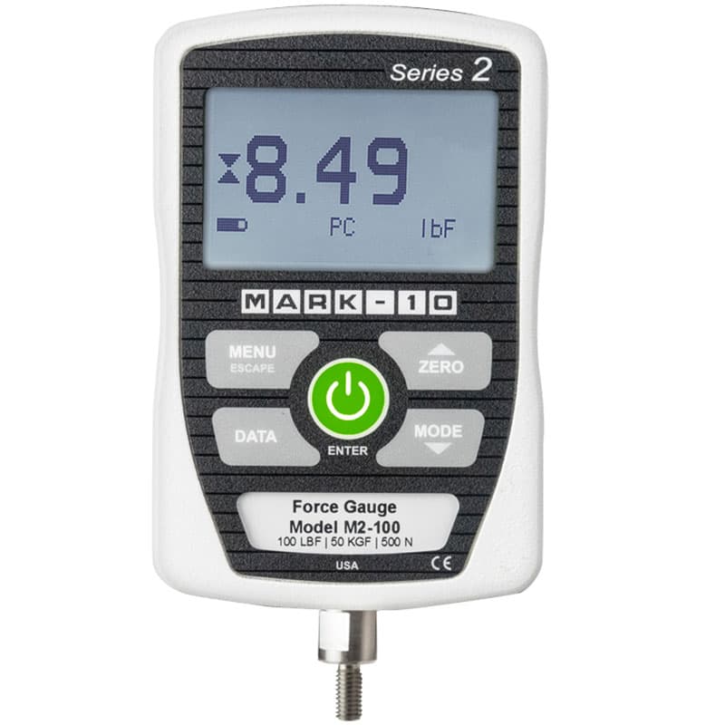 Front view of Series 2 M2-100 digital force gauge with LCD display, control buttons, and bottom threaded connection.