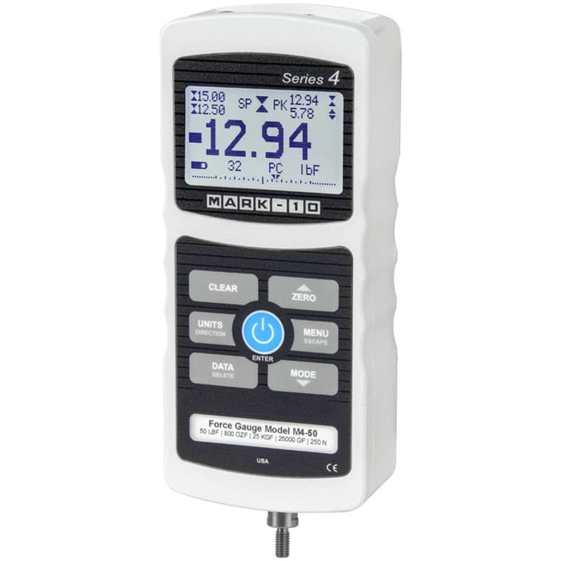 Angled view of Series 4 M4-50 digital force gauge with LCD, control keypad, contoured housing, and threaded connection.