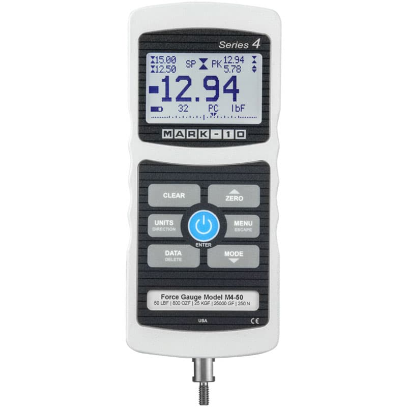 Front view of Series 4 M4-50 digital force gauge with LCD, control keypad, and bottom threaded load connection.