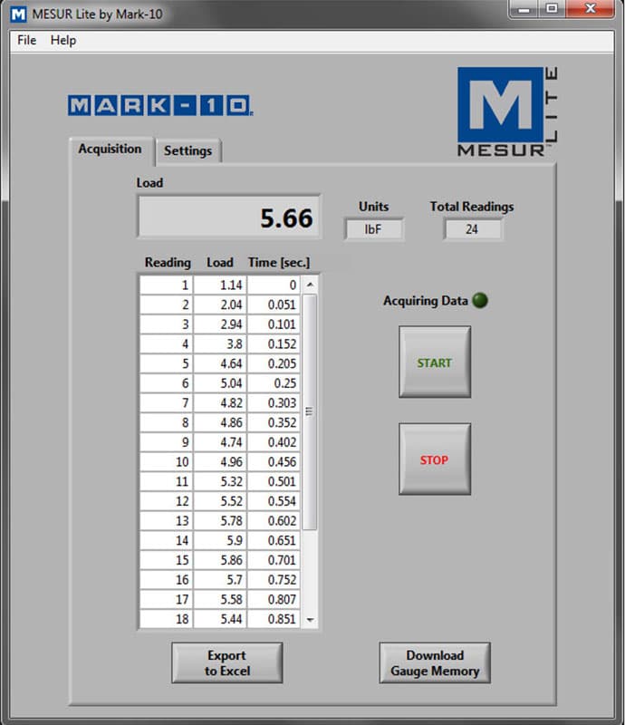 MESUR Lite software interface showing force readings, elapsed time, data acquisition controls, and export options.