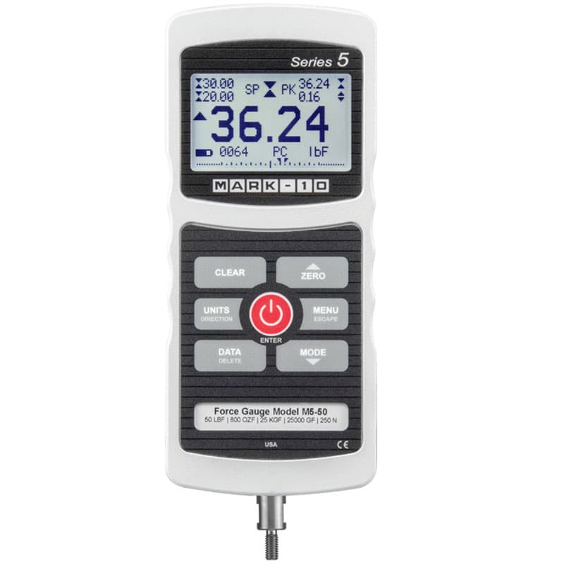 Front view of Series 5 M5-50 digital force gauge with backlit LCD, control keypad, and threaded load connection.