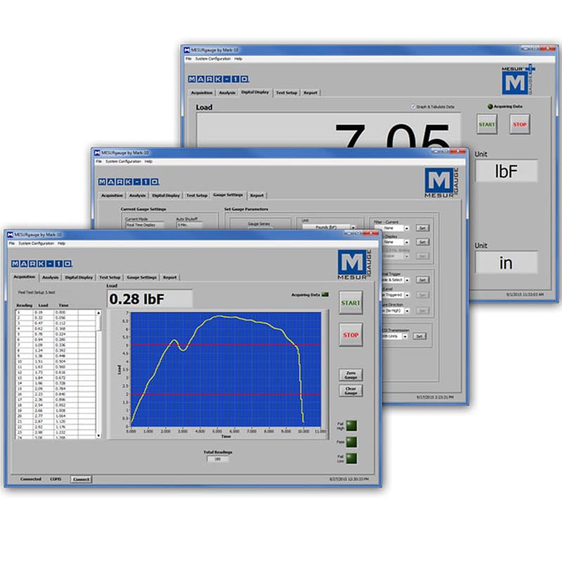 MESUR Gauge software screens displaying force measurements, graph data, test settings, and data acquisition controls.