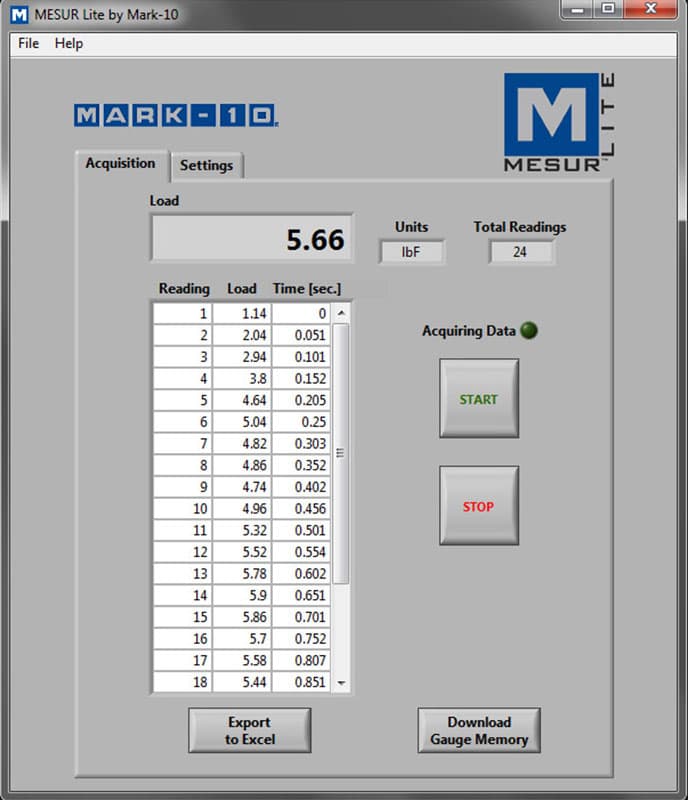 MESUR Lite software showing force readings, time data, acquisition controls, and options to export or download measurements.