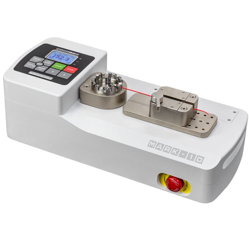 Mark-10 WT-205M Motorized Wire Crimp Pull Tester with digital controls, terminal fixture, wire grip, and emergency stop.