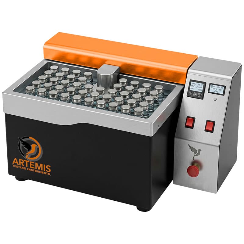 Artemis ART-ESCR environmental stress cracking apparatus with temperature-controlled bath and digital controls for testing plastic specimens.