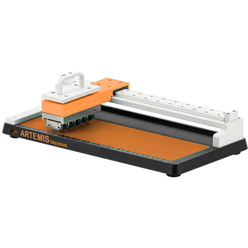 Artemis ART-FSC film strip cutter with guided cutting head and measurement scale for preparing consistent film test specimens.