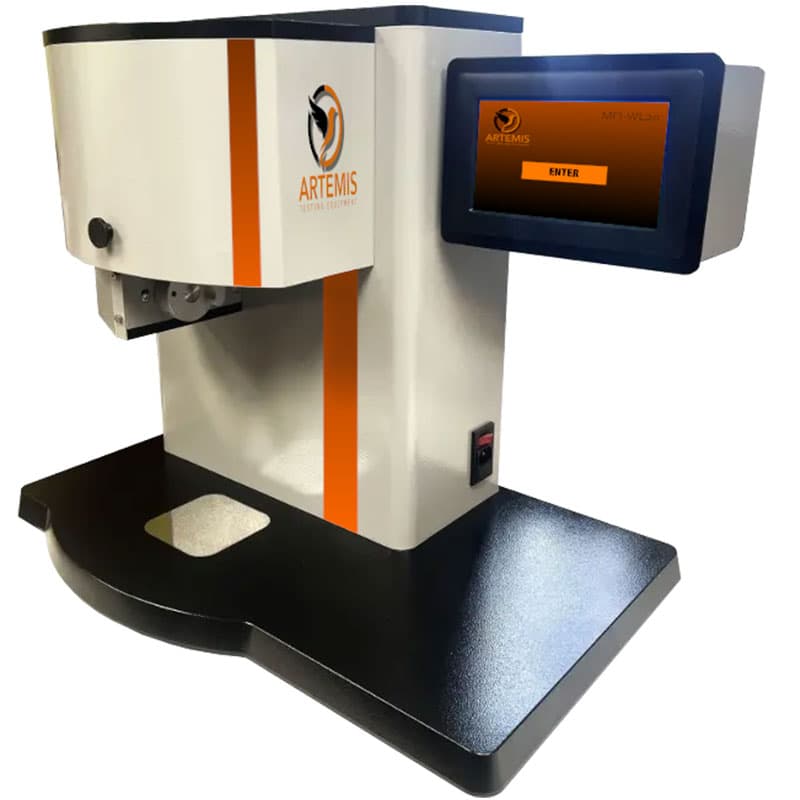 ART-MFi20 benchtop melt flow indexer with enclosed test area and touchscreen control panel.