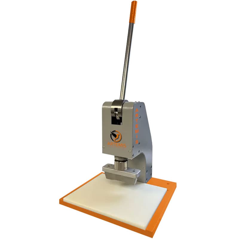 Artemis ART-MSP Manual Sample Press with long operating lever, metal pressing head and flat sample preparation platform.