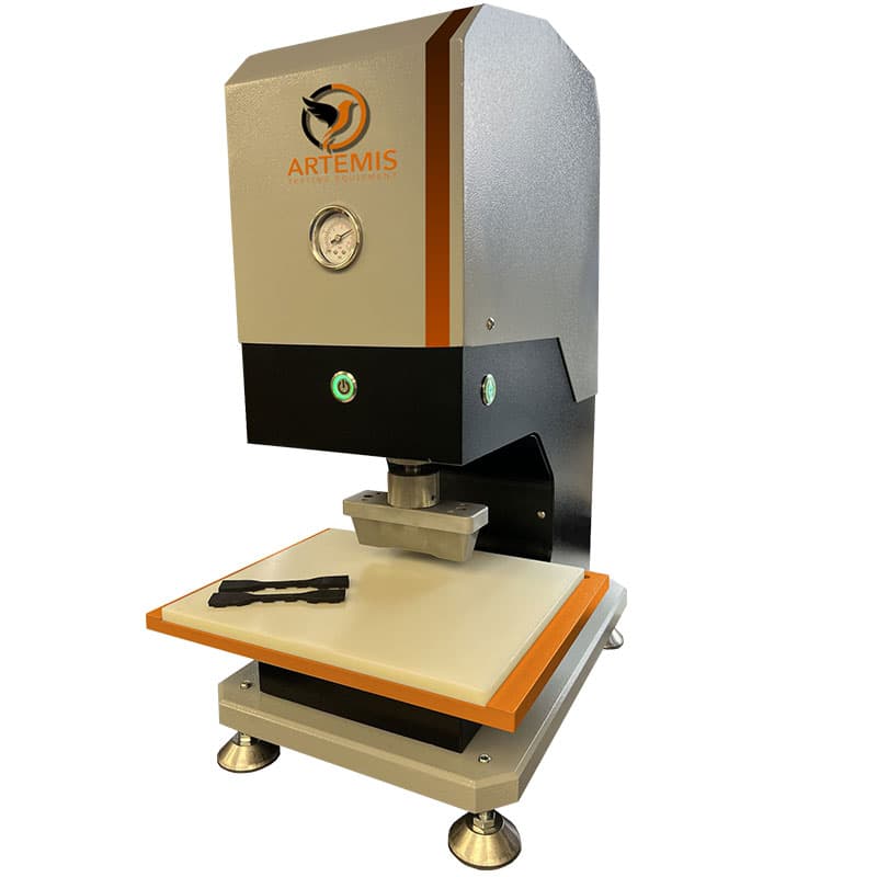 Artemis ART-PSP Pneumatic Test Sample Press with pressure gauge, pneumatic pressing head and flat sample preparation platform.