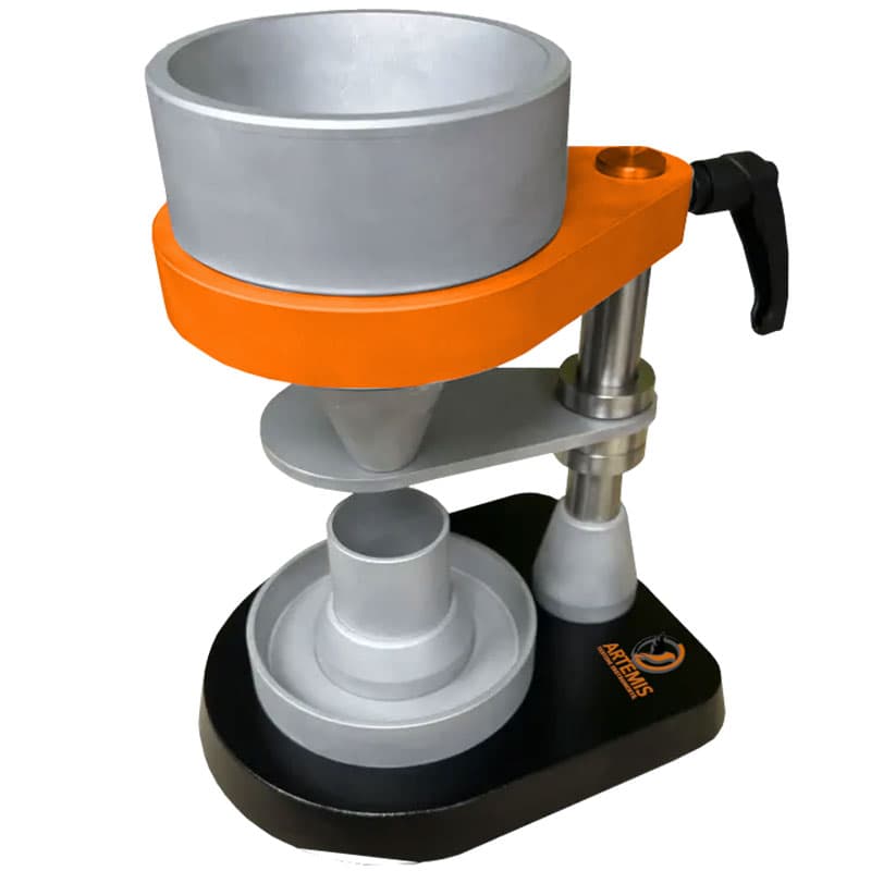 Artemis bulk density apparatus for ASTM D1895 Method A with loading cup, funnel, receiving cup, adjustable support, and benchtop base.