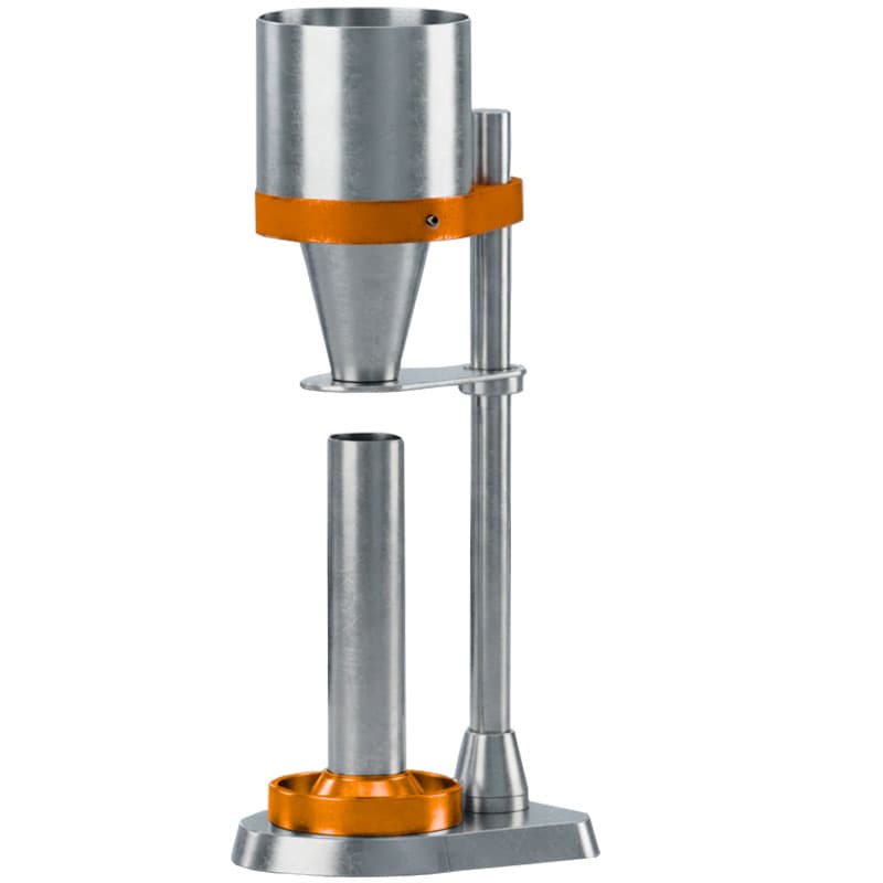 Artemis bulk density apparatus for ASTM D1895 Method B with cylindrical reservoir, tapered funnel, tall receiving cylinder, and vertical support.