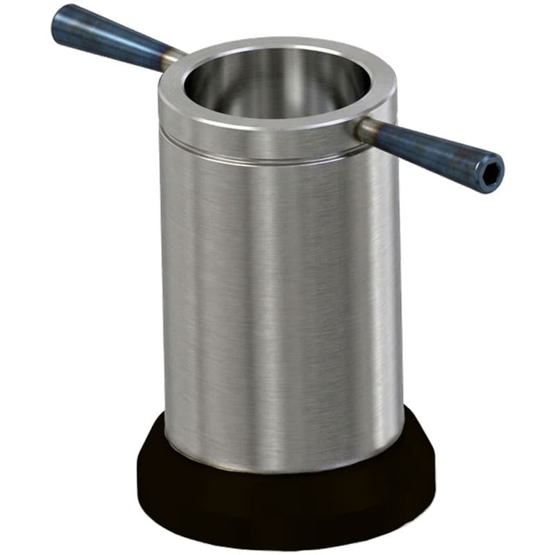 Artemis ASTM D1895 Method C bulk density apparatus with cylindrical metal measuring vessel, two horizontal handles, and stable base.