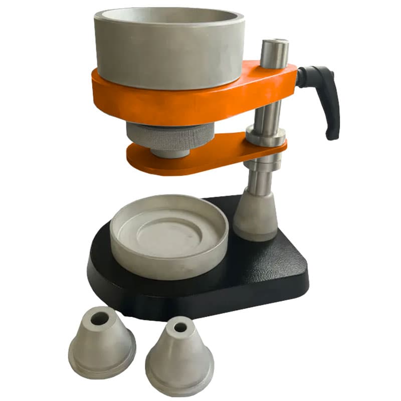 Artemis ISO 6186 bulk density apparatus with upper reservoir, dispensing assembly, receiving container, adjustable support, and interchangeable funnels.