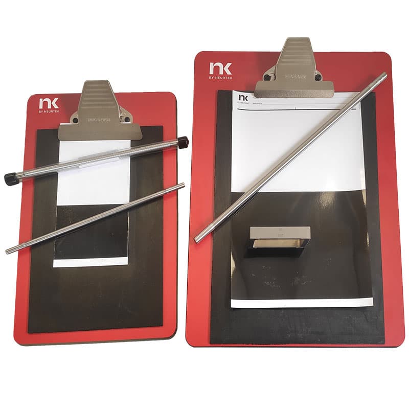 Two NEURTEK film application tables with red bases, black surfaces, metal clamps and stainless steel applicator rods for coating tests.