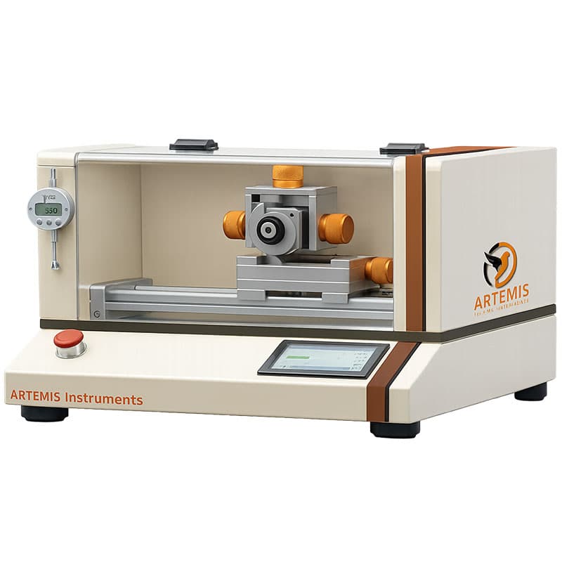 Artemis motorised notching cutter with adjustable specimen fixture and digital controls, used to produce consistent notches in material samples before impact testing.