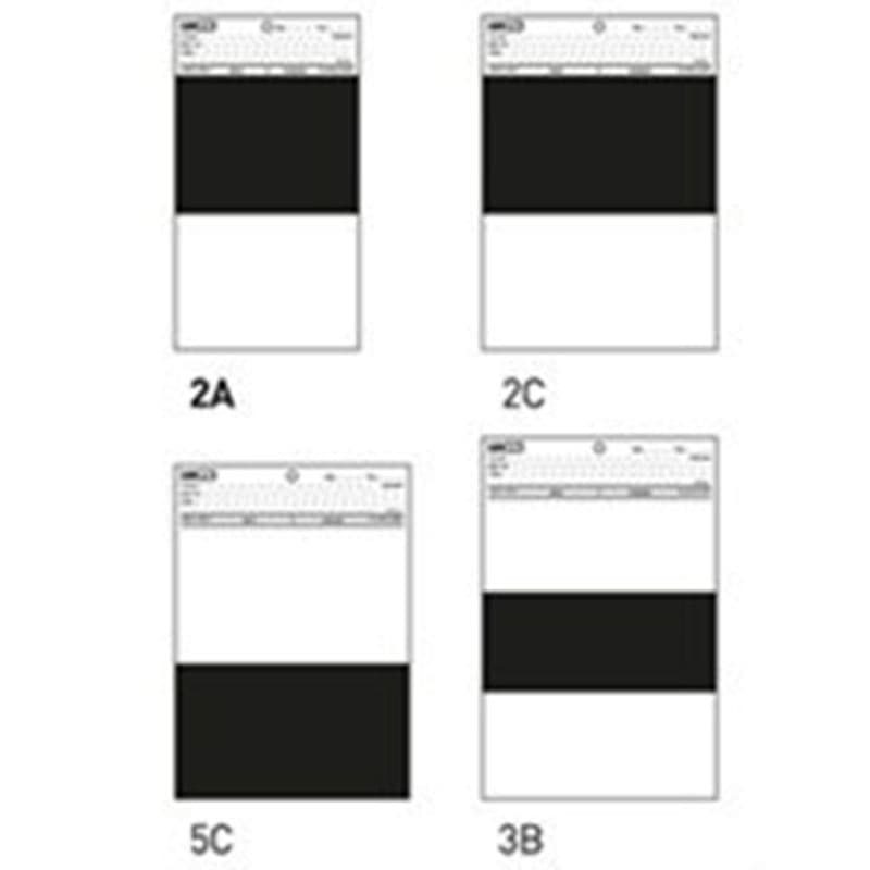 Four paint opacity charts labelled 2A, 2C, 5C and 3B, featuring different black and white contrast patterns.