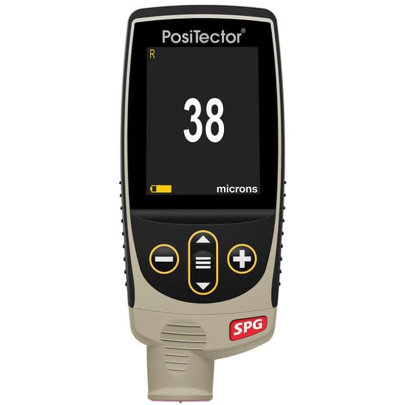 DeFelsko PosiTector SPG digital surface profile gauge displaying a measurement of 38 microns.