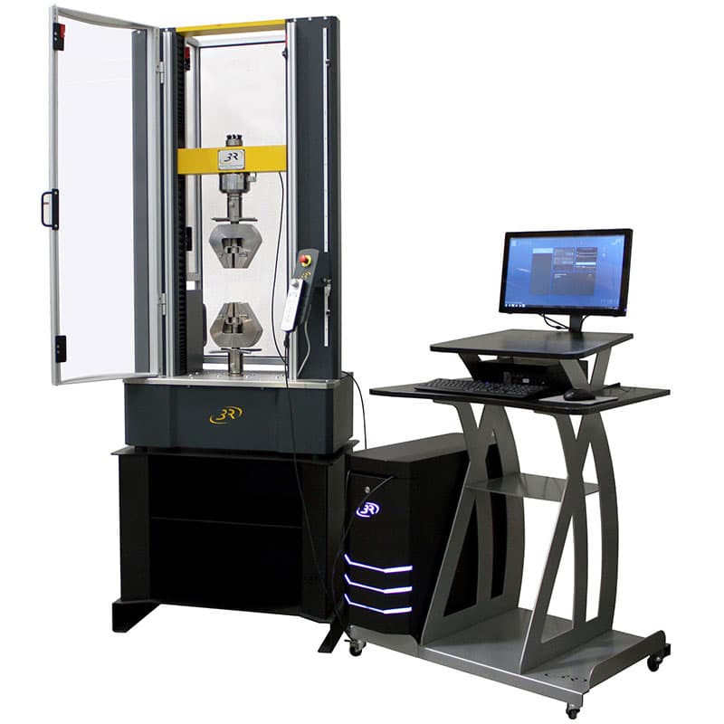 SYNTAX 100 High-Stiffness Universal Testing Machine – 100 kN with heavy-duty grips, open safety enclosure, digital controller, and computer workstation.