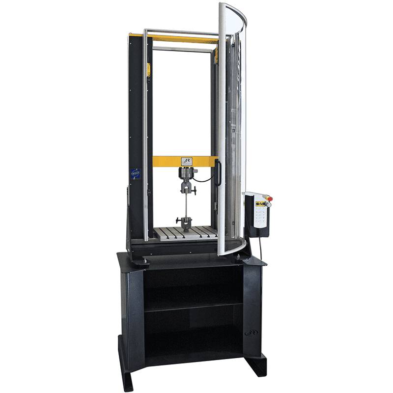 Angled front view of the SYNTAX 12 Universal Testing Machine – 12 kN with tensile grips and specimen, open safety enclosure, and side-mounted digital controller.