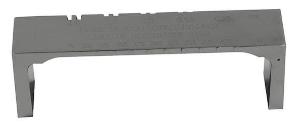 Stainless steel sagging and levelling index applicator with multiple graduated notches for testing paint and coating performance.