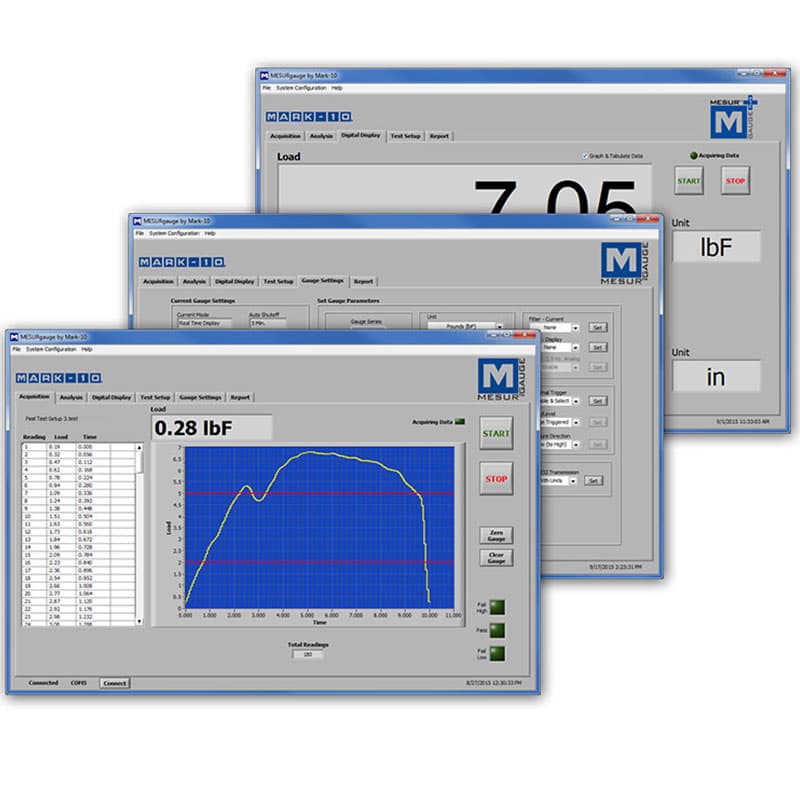 MESUR Gauge software displaying torque test readings, settings and a load-versus-time graph.