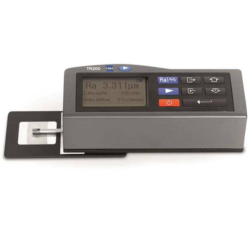 TR200 portable digital surface roughness tester with LCD display, control buttons and measuring probe for industrial surface finish inspection.