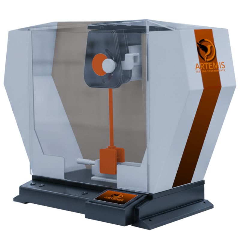 Artemis universal pendulum impact tester with enclosed pendulum and specimen test area, used to measure material resistance to impact during controlled impact testing.