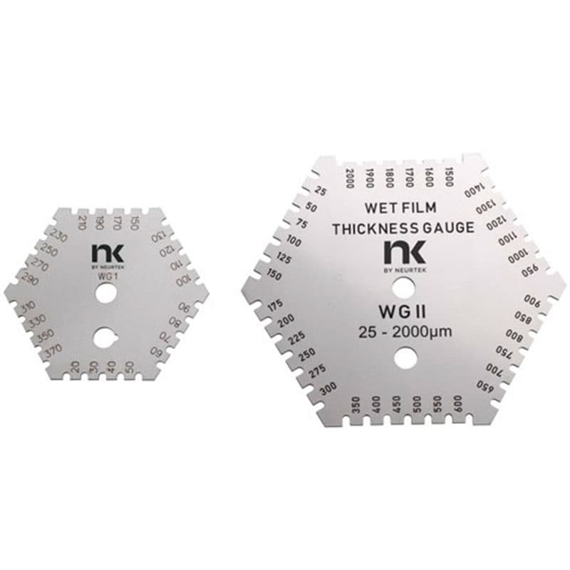 NEURTEK WG I and WG II stainless steel wet film thickness gauges with graduated measuring notches for paint and coating thickness measurement.