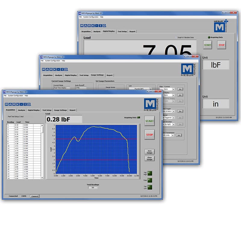 Mark-10 MESURgauge software showing WT-205 pull-test data, configuration settings, measurements, and a real-time force graph.
