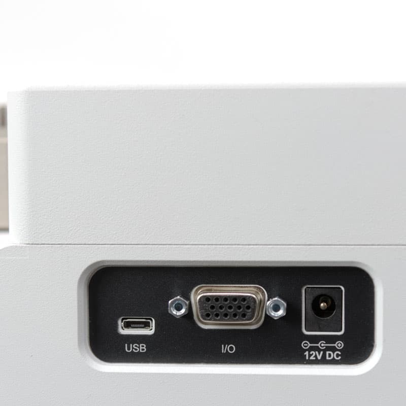 Rear panel of the Mark-10 WT-205 showing USB, I/O, and 12-volt DC connections.