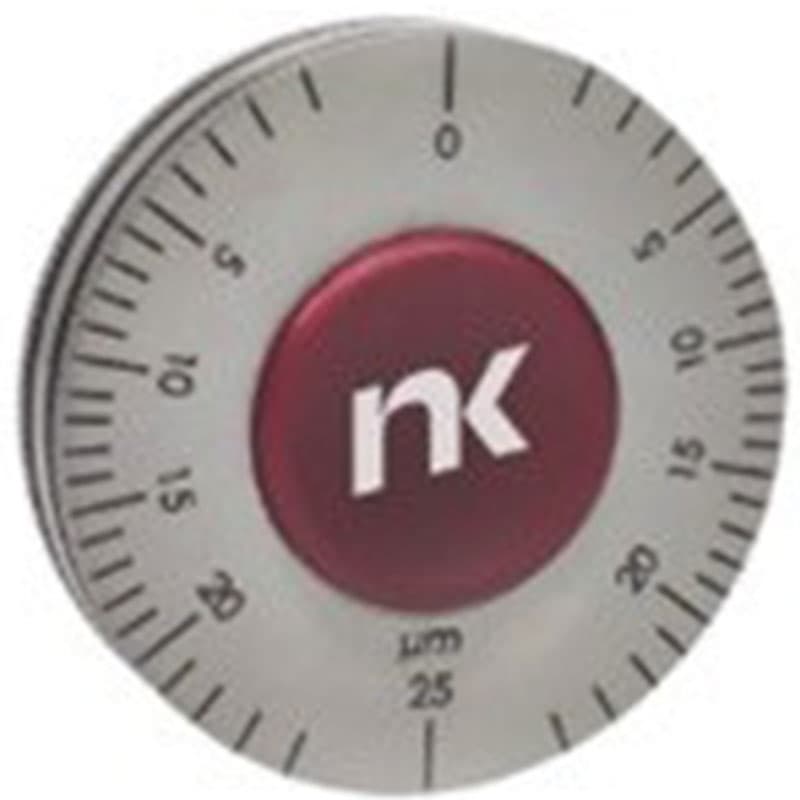 NK wheel-shaped wet film thickness gauge with circular graduated scale from 0 to 25 microns.