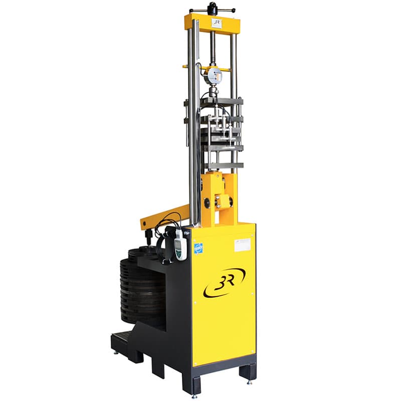 Dead weight creep testing machine with a vertical test frame, specimen grips, measurement gauge, and stacked weights for applying a constant load.