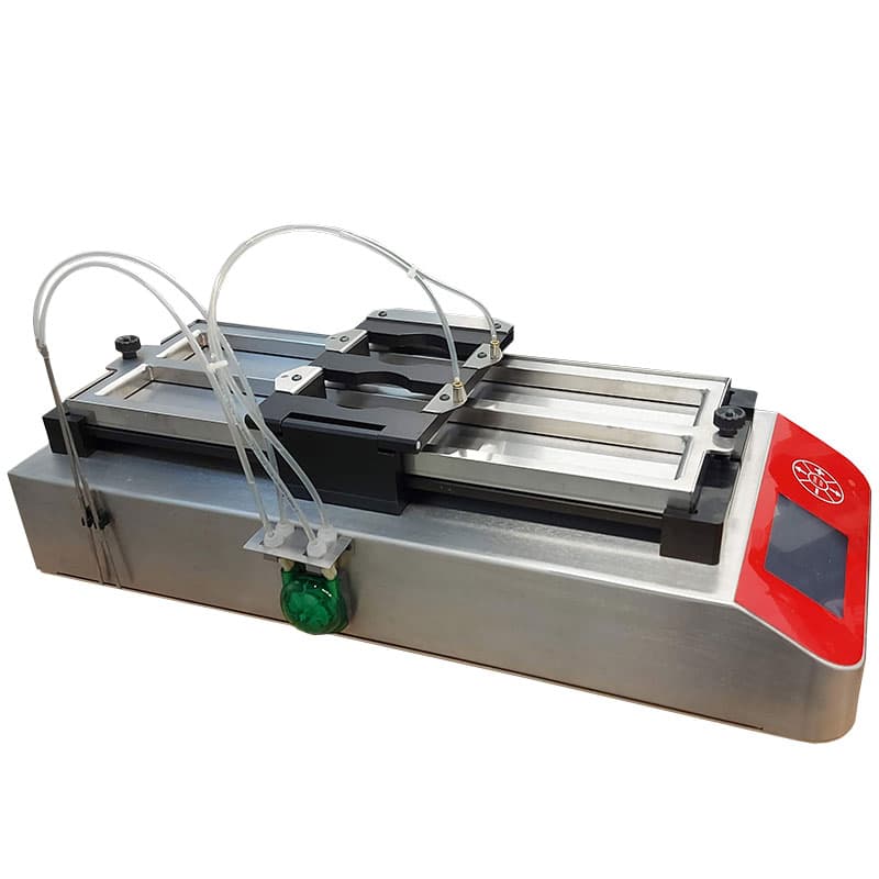 LR2300 washability tester with reciprocating scrub assemblies, liquid delivery tubes, specimen trays, and digital control panel for coating durability testing.