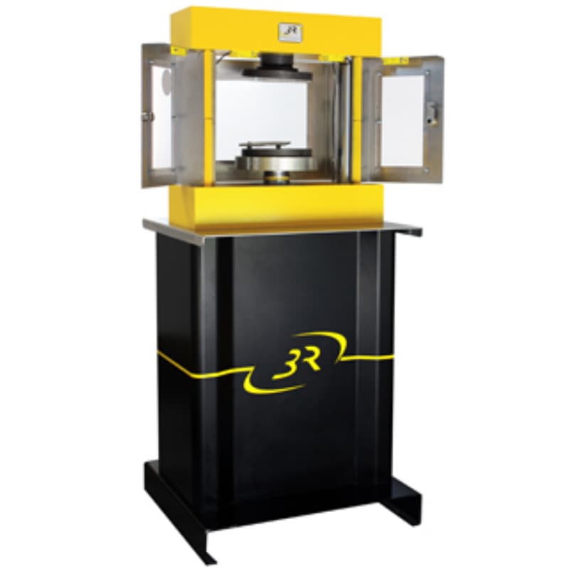 400 kN long stroke compression testing machine with compression platens, enclosed test area, protective doors, and heavy-duty loading frame.