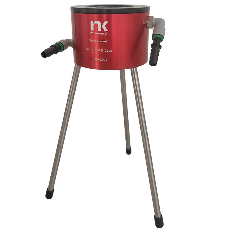 Temperature control jacket for viscosity cups with fluid inlet and outlet connections and a three-legged stand for maintaining controlled test temperatures.