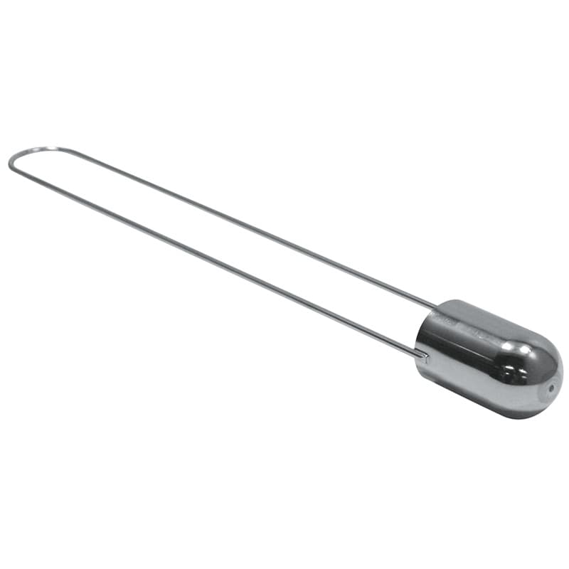 Stainless steel Zahn viscosity flow cup with a long wire handle and calibrated bottom orifice for measuring the flow time and viscosity of liquids.