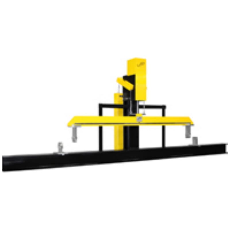 Flexural testing machine for beams with a long test bed, specimen supports, adjustable loading beam, and central vertical loading assembly.