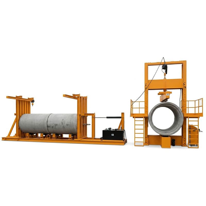 Large flexural testing machine for concrete pipes and manholes, with horizontal pipe supports and a tall loading frame holding a concrete ring specimen.