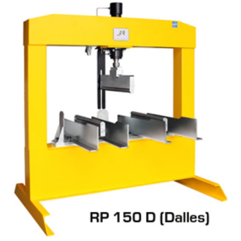 RP150 D flexural testing machine for slabs with wide yellow frame, central loading assembly, and multiple adjustable specimen supports.