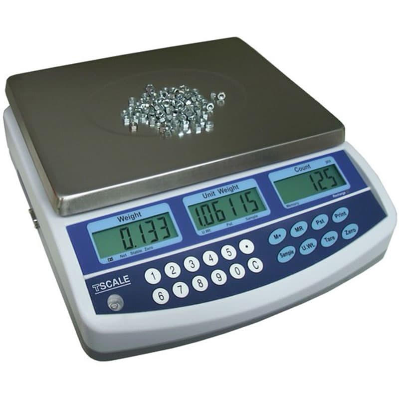 BC Series rechargeable counting scale with stainless steel platform displaying metal nuts and LCD screens showing weight, unit weight, and piece count.